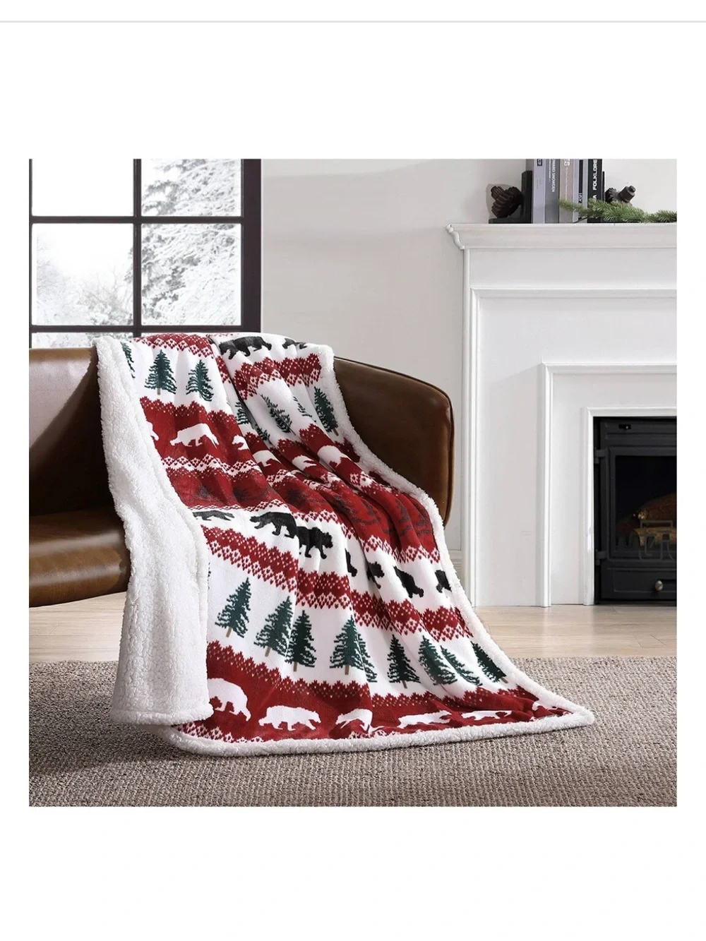 Eddie Bauer Red White Green Bear & Tree Grizzly Peak Sherpa Throw Blanket